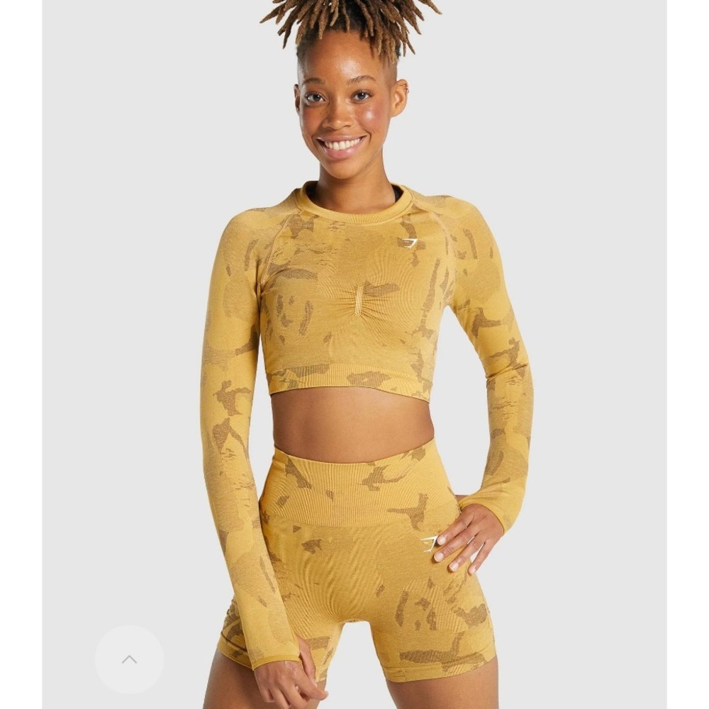 Gymshark Women's Sz L Adapt Camo Seamless Long Sleeve Crop Top Yellow $45